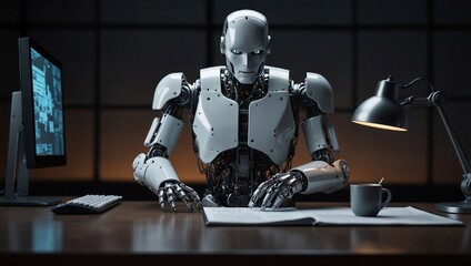 photo of robots doing human work  made by AI generative