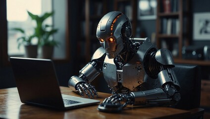 Fototapeta premium photo of robots doing human work made by AI generative