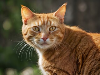 orange cat with blur background, orange cat is sitting and looking