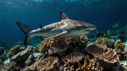 Fototapeta premium photo of a shark swimming in the ocean with a coral reef in the background made by AI generative
