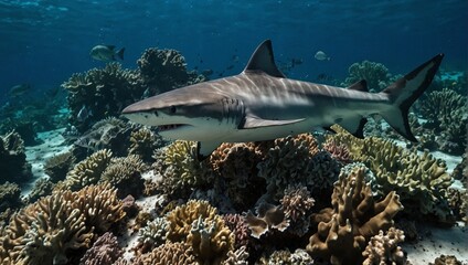 photo of a shark swimming in the ocean with a coral reef in the background made by AI generative
