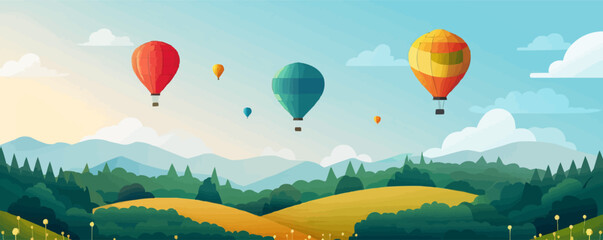 A hot air balloon, its basket filled with dreams, soaring into a clear blue sky, captured on a stark white backdrop. Vector flat minimalistic isolated illustration.