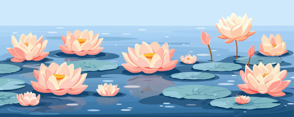 Tranquil lotus pond with delicate blossoms floating on the surface. Vector flat minimalistic isolated illustration.