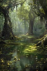 A mystical swamp, with ancient, gnarled trees, and mist swirling around the ground 
