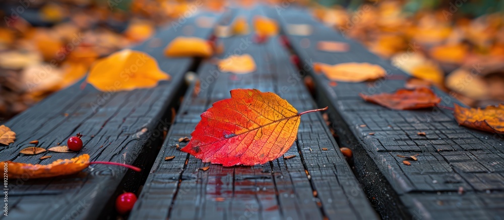 Wall mural Autumn Leaf on a Weathered Wooden Plank