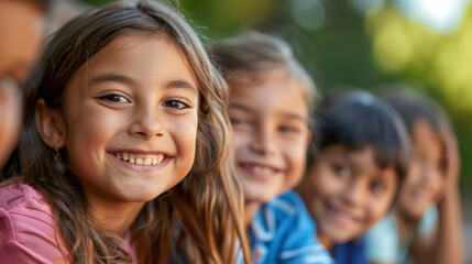 Fototapeta premium Group of happy children smiling and enjoying a sunny day outdoors, highlighting the joy and innocence of youth.