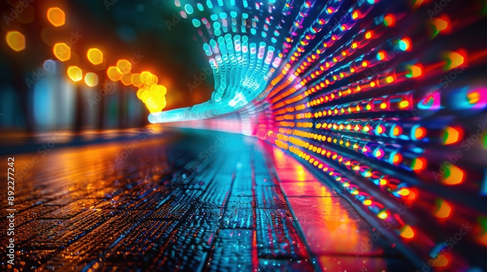 Poster a mesmerizing abstract image of a light tunnel with vibrant bokeh effects, creating a colorful and d