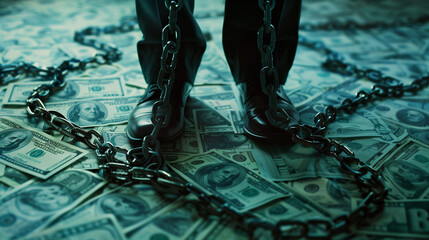 A strong visual motif showing a politician entangled in chains, symbolizing the limitations resulting from corruption and bribery.