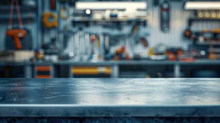 A sleek metal tabletop with a blurred background of automotive tools and parts provides an ideal, professional setting for showcasing and promoting automotive products.