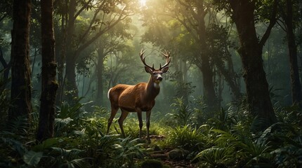 photo of a deer with long antlers with a forest background made by AI generative