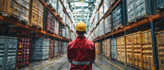 Strategic Manager Leading Team Discussion on Container Logistics in High- Warehouse Setting |