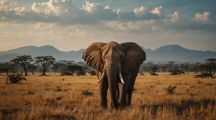 Obraz premium photo of an elephant with a savanna background in the morning made by AI generative