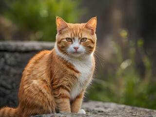 Fototapeta premium orange cat with blur background, orange cat is sitting and looking