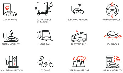 Vector Set of Linear Icons Related to electric city transport for smart urbanization, modern urban mobility and sustainable transport. Mono line pictograms and infographics design elements