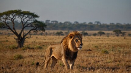 Fototapeta premium photo of a lion with a savanna background made by AI generative