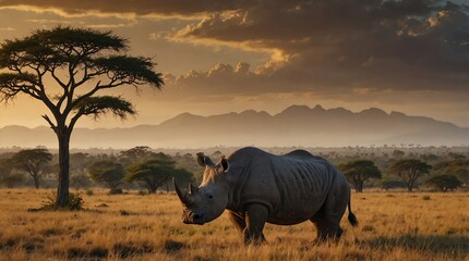 Fototapeta premium landscape photo of a rhinoceros made by AI generative