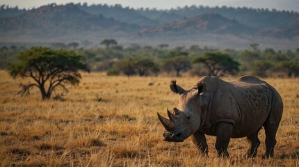 Obraz premium landscape photo of a rhinoceros made by AI generative