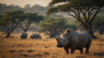 Obraz premium landscape photo of a rhinoceros made by AI generative