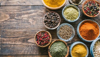 Big set of Indian spices on wooden table - Top view - Horizontal image