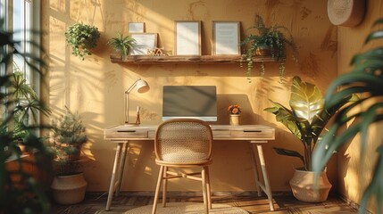 Fototapeta premium Home Office with Minimalist Design and Warm Sunlight