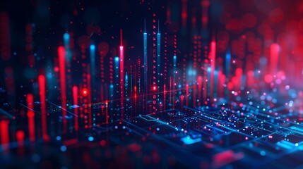 Red and blue data visualization of stock market on dark background.