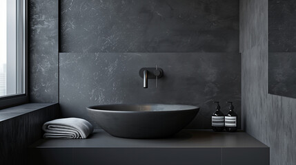 Elegant, modern bathroom interior in shades of dark gray and black. The minimalist design includes a stylish pillow, a designer washbasin and a modern-style tap.
