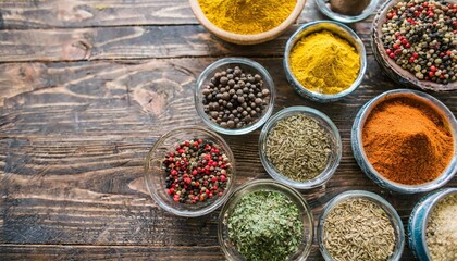 Big set of Indian spices on wooden table - Top view - Horizontal image