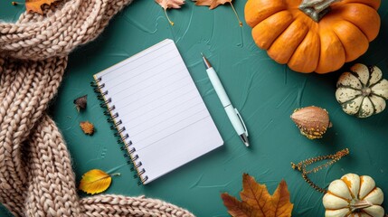 Autumn themed notepad with pen pumpkins and scarf on green background Top view with space for notes