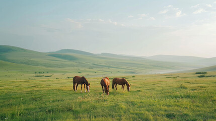 Obraz premium A group of wild horses grazing in a green meadow with a clear sky above
