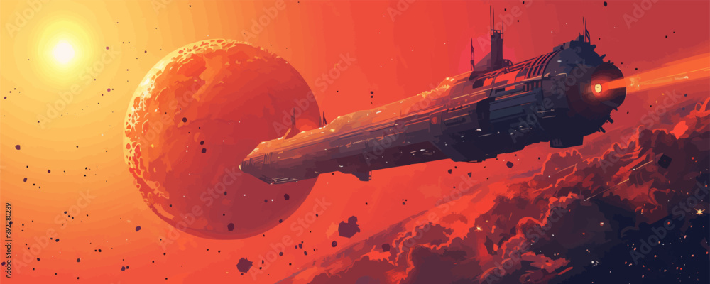 Poster sci-fi space station orbiting a distant planet. vector flat minimalistic isolated illustration.