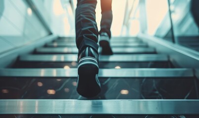 Fototapeta premium A lone businessperson walks up a staircase against a vibrant, abstract background.