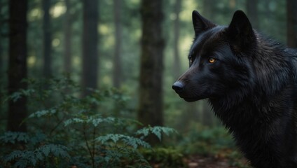 black wolf photo with forest background made by AI generative