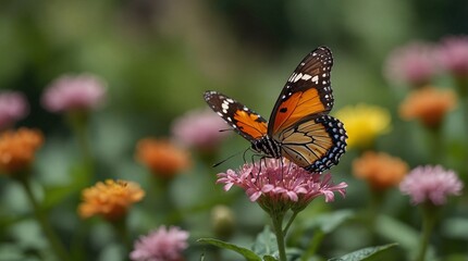 Obraz premium photo of an orange butterfly on a flower with a forest background made by AI generative