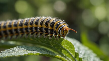 Fototapeta premium photo of a caterpillar on a leaf with a green forest background made by AI generative