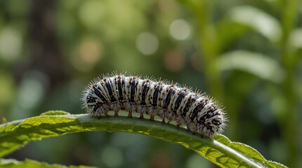 photo of a caterpillar on a leaf with a green forest background made by AI generative