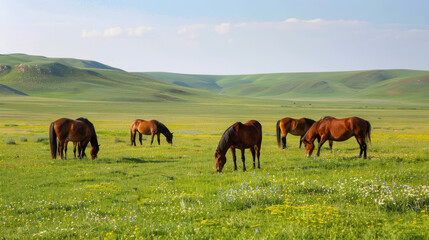 A group of wild horses grazing in a green meadow with a clear sky above
