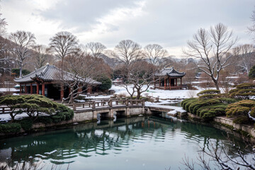 Fototapeta premium A serene classical Chinese garden blanketed in winter snow, with delicate flakes gently falling, creating a picturesque and tranquil scene that captures the timeless beauty of traditional Chinese arch