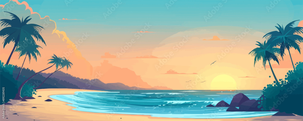 Poster a serene beach with palm trees swaying in the ocean breeze. vector flat minimalistic isolated