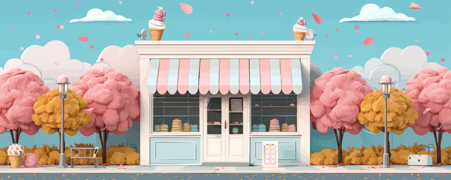 Vintage ice cream parlor with striped awnings Vector flat minimalistic isolated illustration