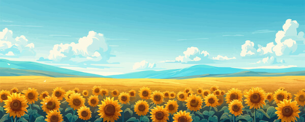 A radiant sunflower field stretching to the horizon. Vector flat minimalistic isolated