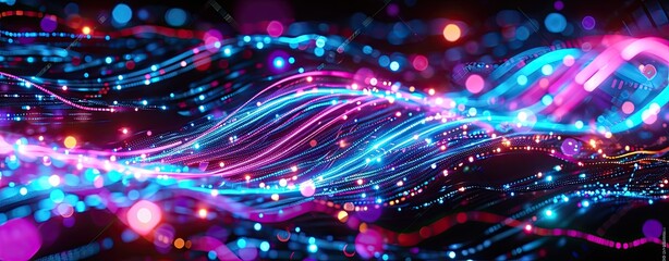 Obraz premium abstract background with pink blue neon lines glowing in ultraviolet light, and bokeh lights. Data transfer concept. Digital futuristic wallpaper