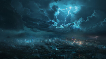 A dramatic thunderstorm with lightning striking in the distance over a city