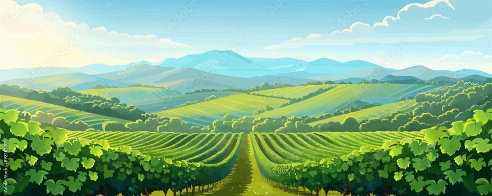 Poster tranquil countryside vineyard with rows of grapevines. vector flat minimalistic isolated illustratio