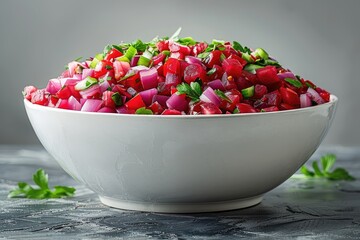 A bowl of fresh salad with diced red beets onions tomatoes and parsley