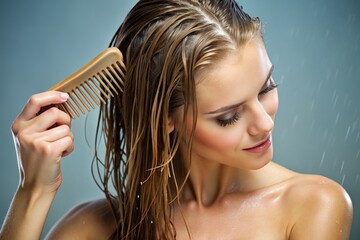 Naklejka premium Woman combing wet hair