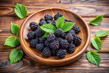 Wooden plate with fresh blackberries and leaves