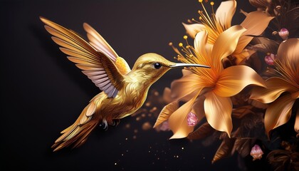 Design a logo of a golden hummingbird feeding on nectar.