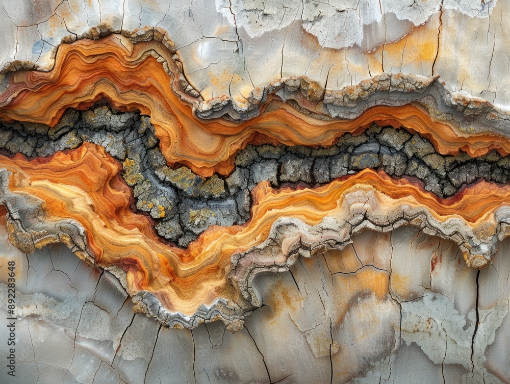 Poster close-up of a tree bark with orange, layered patterns