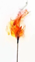 Burning matchstick with vibrant flame and smoke. Concept of ignition, fire, combustion, light source. Vertical