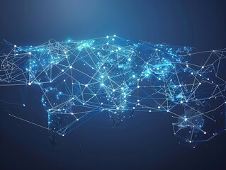 Obraz premium World map with global network and connectivity on a blue background. High-resolution, detailed vector illustration representing international communication and digital connections.
